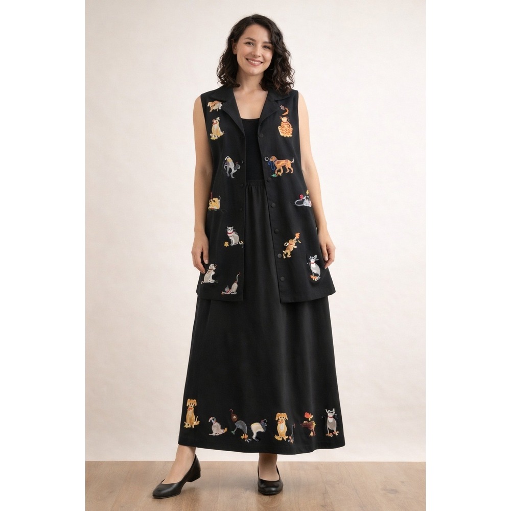 Bechamel Embroidered Animal Vest & Maxi Skirt Set Large Folk Art Cottagecore Vtg